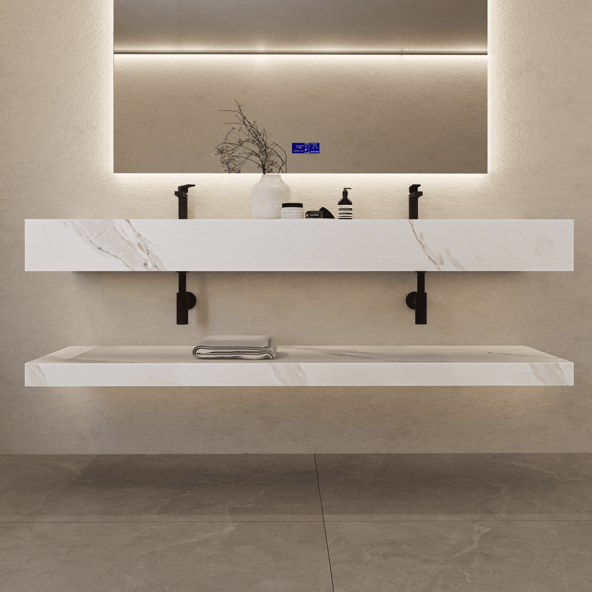 71 Inch Slate Double Sink Floating Vanity – Seamless Stone Basin-A3