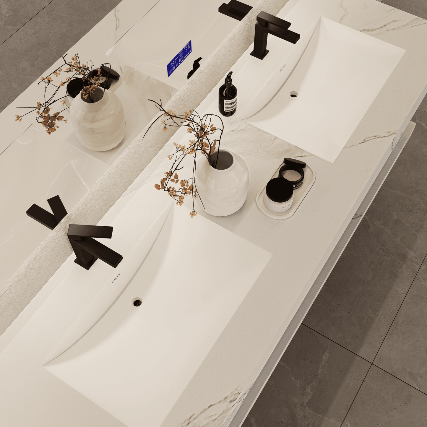 71 Inch Slate Double Sink Floating Vanity – Seamless Stone Basin-A3