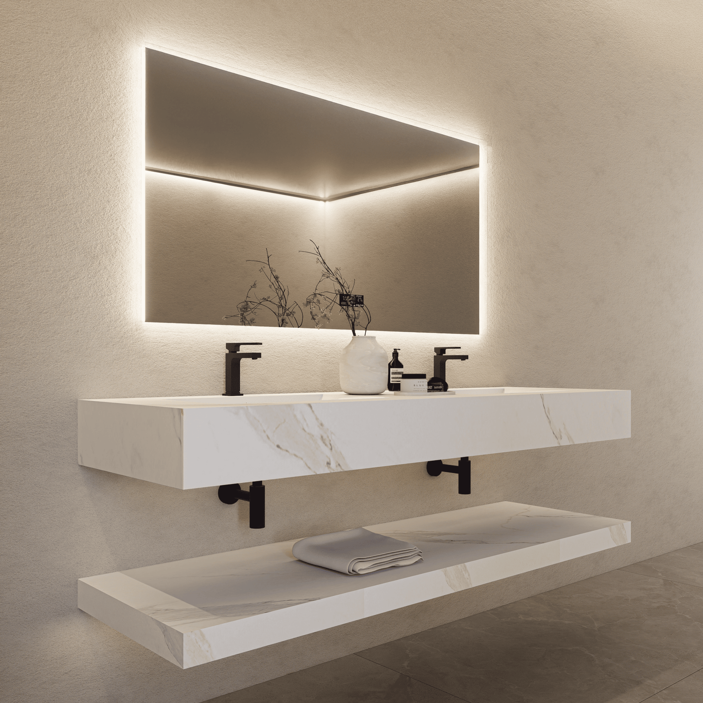 71 Inch Slate Double Sink Floating Vanity – Seamless Stone Basin-A3