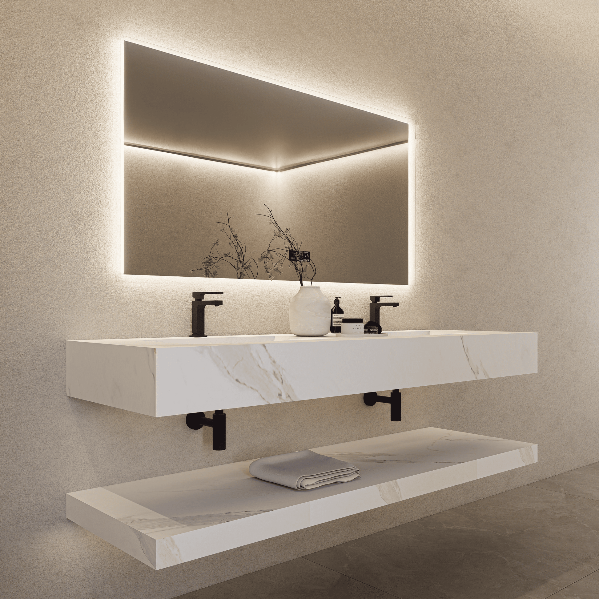 71 Inch Slate Double Sink Floating Vanity – Seamless Stone Basin-A3