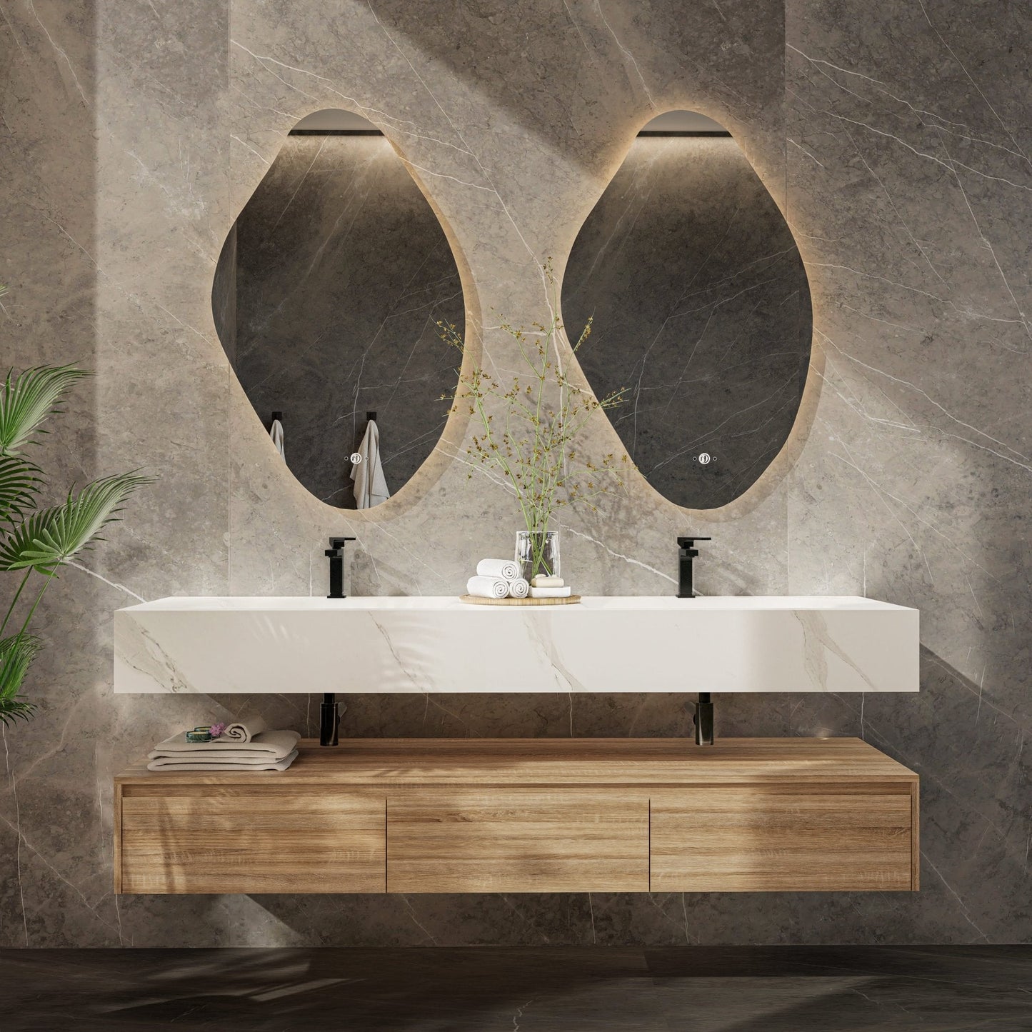 71" Wall Mount Bathroom Vanity - Stone Integrated Basin & Plywood Cabinet