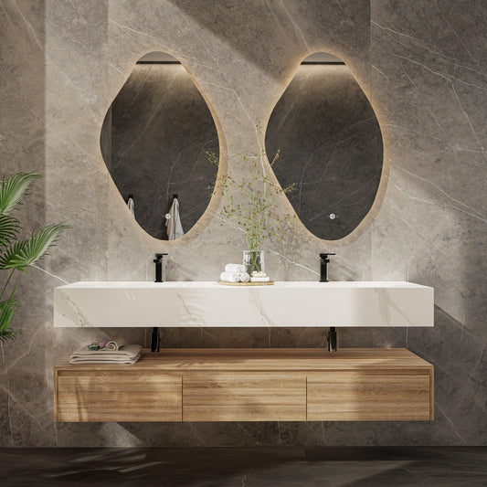 71" Wall Mount Bathroom Vanity - Stone Integrated Basin & Plywood Cabinet