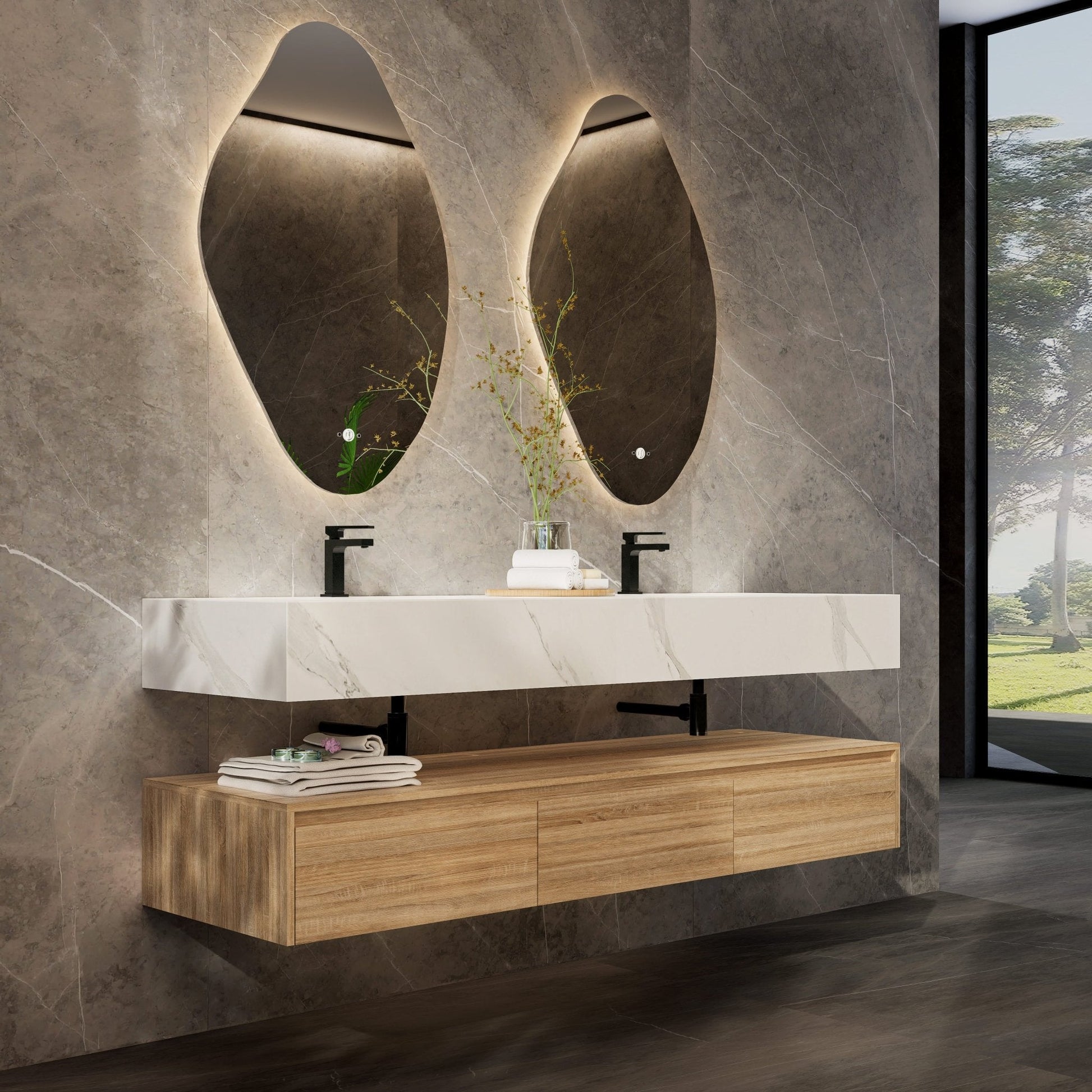 71" Wall Mount Bathroom Vanity - Stone Integrated Basin & Plywood Cabinet