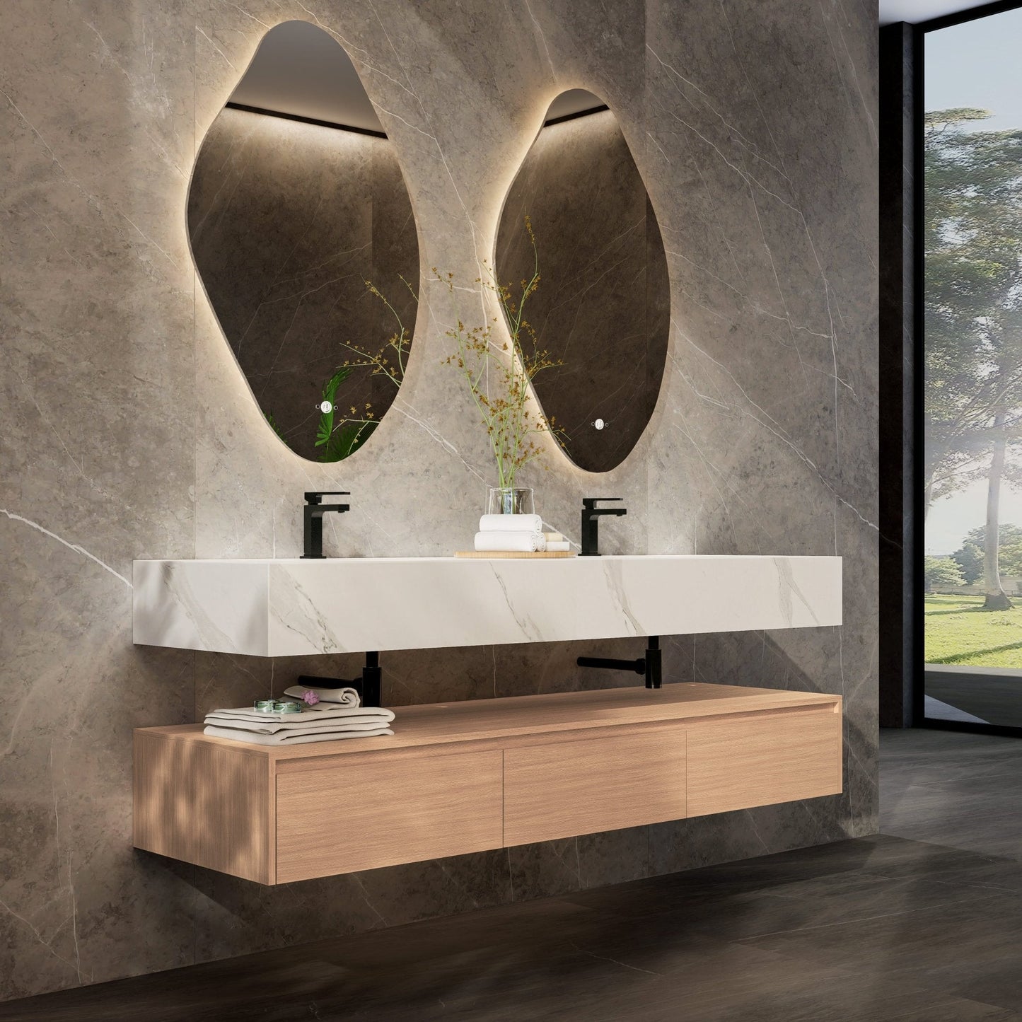 71" Wall Mount Bathroom Vanity - Stone Integrated Basin & Plywood Cabinet