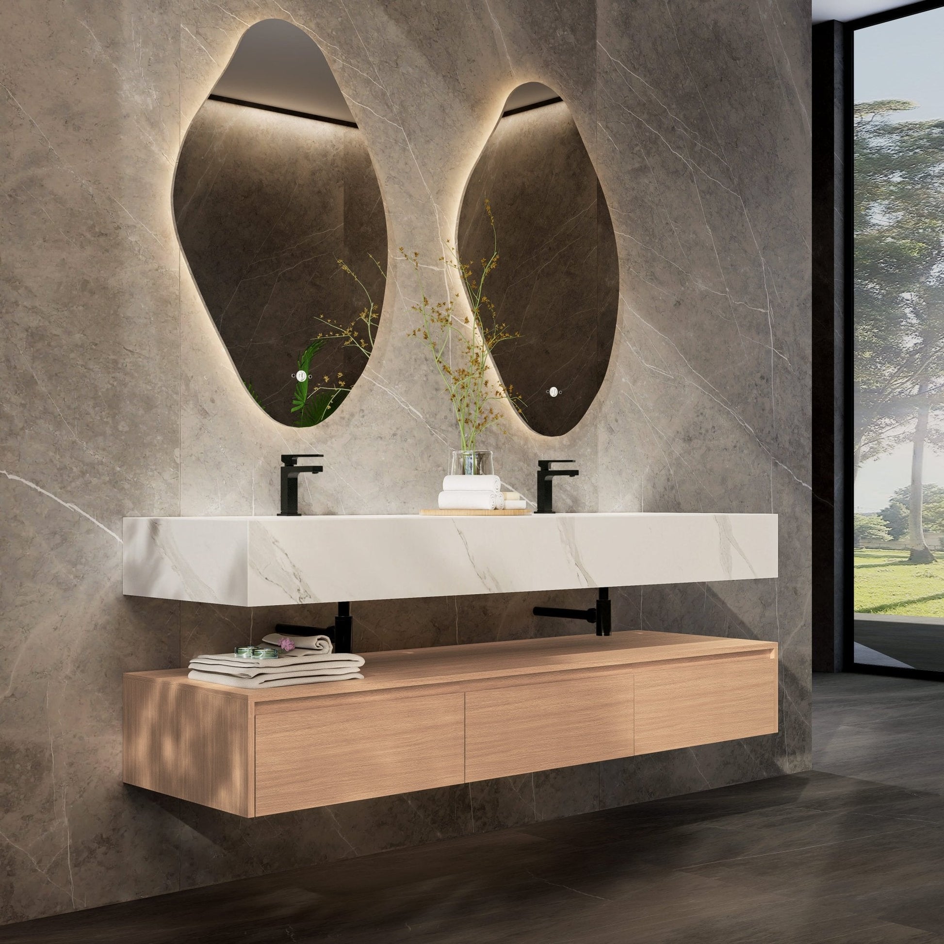 71" Wall Mount Bathroom Vanity - Stone Integrated Basin & Plywood Cabinet