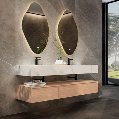 71" Wall Mount Bathroom Vanity - Stone Integrated Basin & Plywood Cabinet