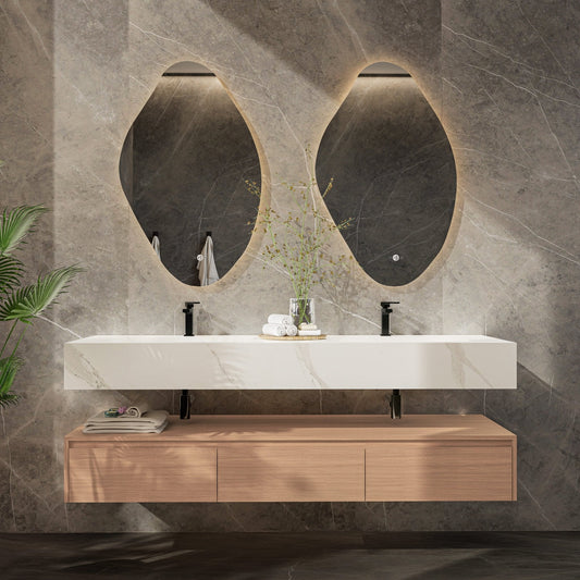 71" Wall Mount Bathroom Vanity - Stone Integrated Basin & Plywood Cabinet