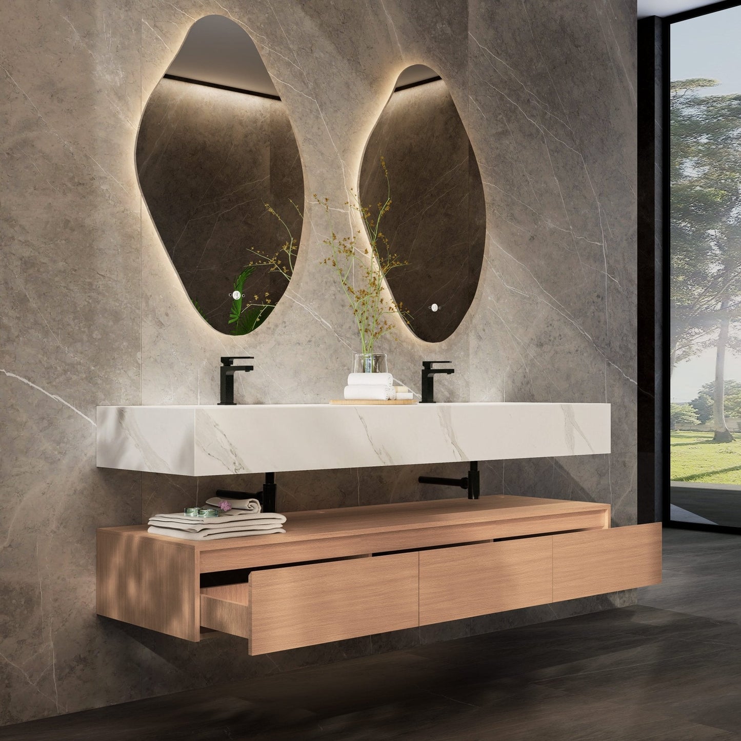 71" Wall Mount Bathroom Vanity - Stone Integrated Basin & Plywood Cabinet