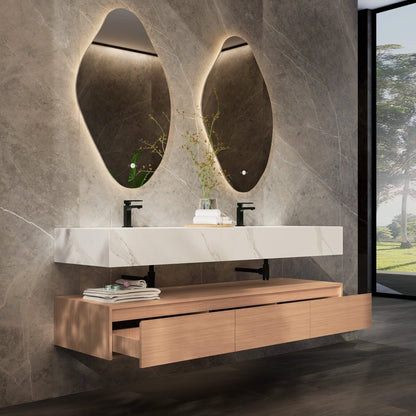 71" Wall Mount Bathroom Vanity - Stone Integrated Basin & Plywood Cabinet