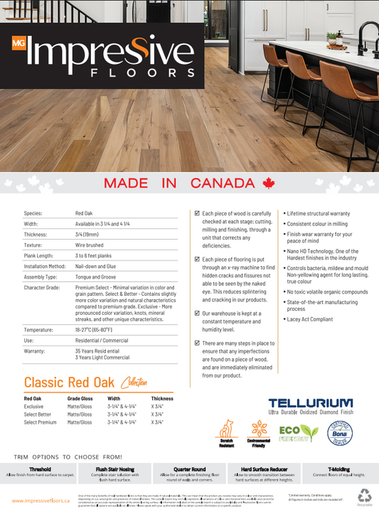 Red Oak Natural- Impressive Floors Solid Hardwood Classic Red Oak 3/4"
