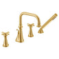 Moen TS44506BG- Colinet Two Handle Deck-Mount Roman Tub Faucet Trim with Cross Handles and Handshower, Valve Required, in Brushed Gold