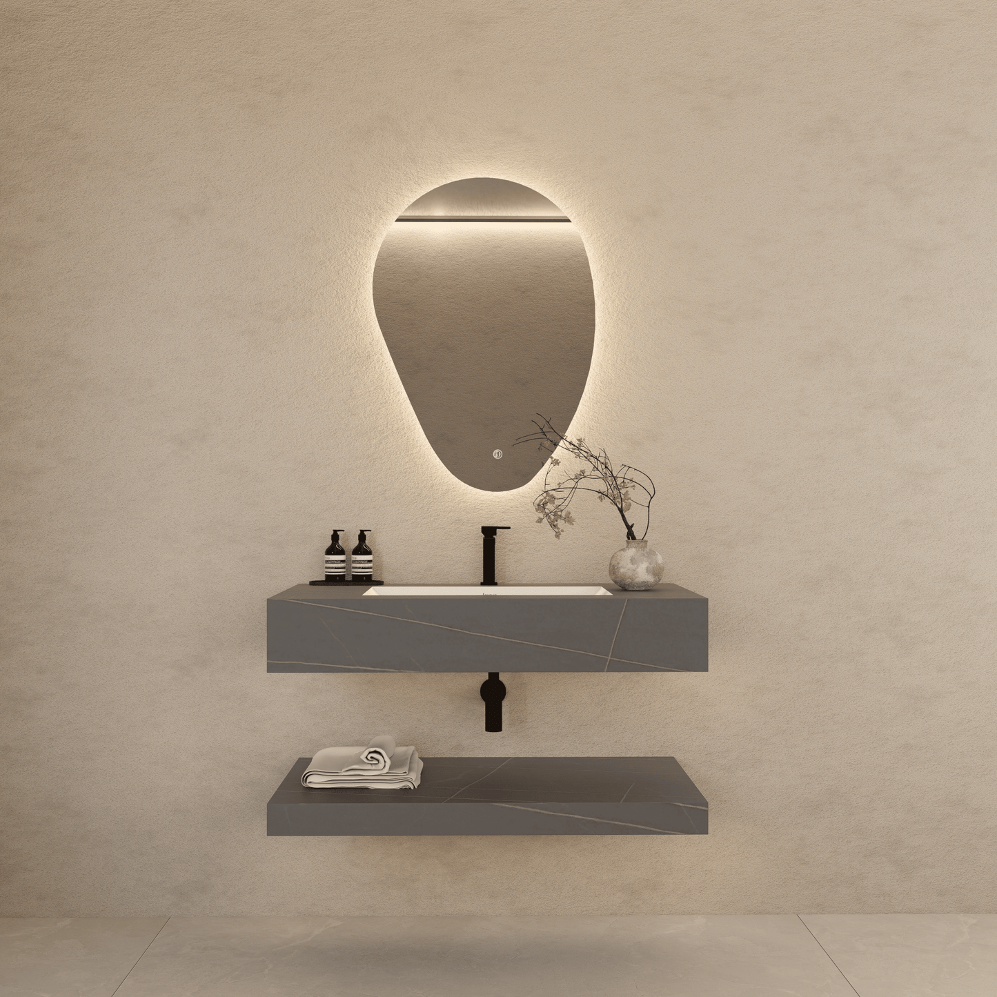 Armani Grey Floating Vanity Without Drawers – Seamless Marble-Look Stone, 32" 40"/48"-A3