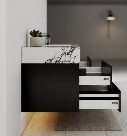 Black 60" Wall-Mounted Single Sink Bathroom Vanity with Fluted Drawers