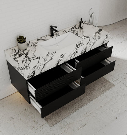 Black 60" Wall-Mounted Single Sink Bathroom Vanity with Fluted Drawers