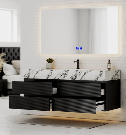 Black 60" Wall-Mounted Single Sink Bathroom Vanity with Fluted Drawers