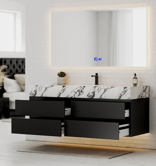 Black 60" Wall-Mounted Single Sink Bathroom Vanity with Fluted Drawers