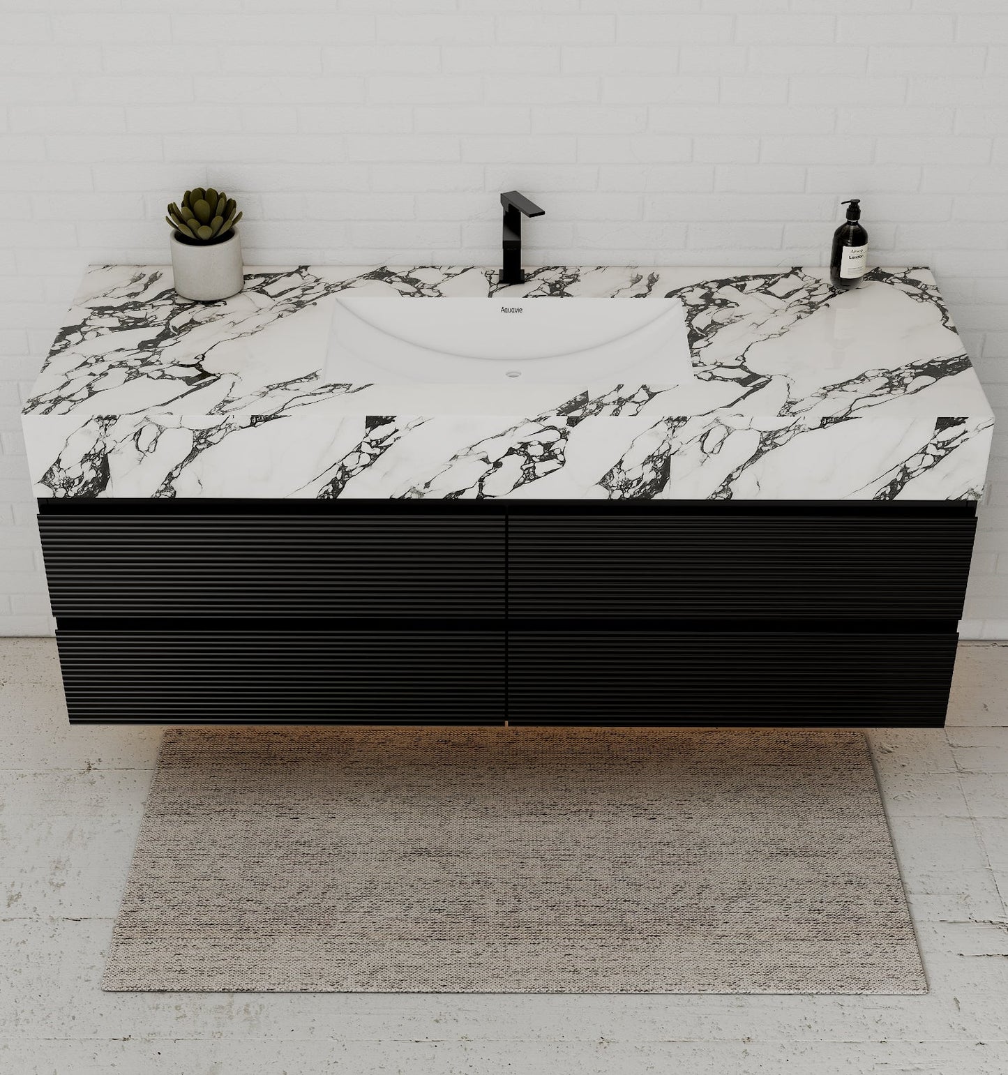 Black 60" Wall-Mounted Single Sink Bathroom Vanity with Fluted Drawers