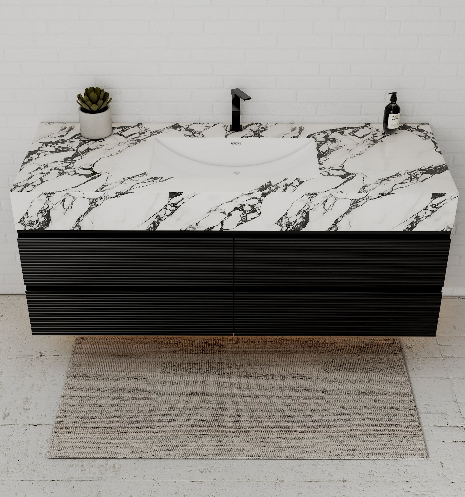 Black 60" Wall-Mounted Single Sink Bathroom Vanity with Fluted Drawers