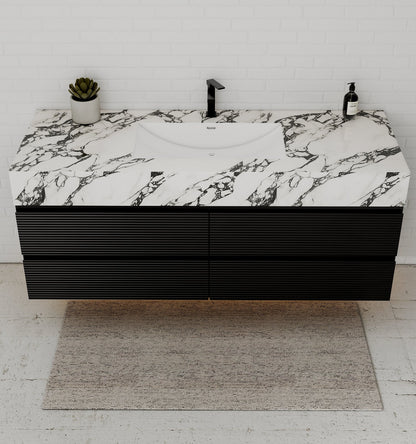 Black 60" Wall-Mounted Single Sink Bathroom Vanity with Fluted Drawers