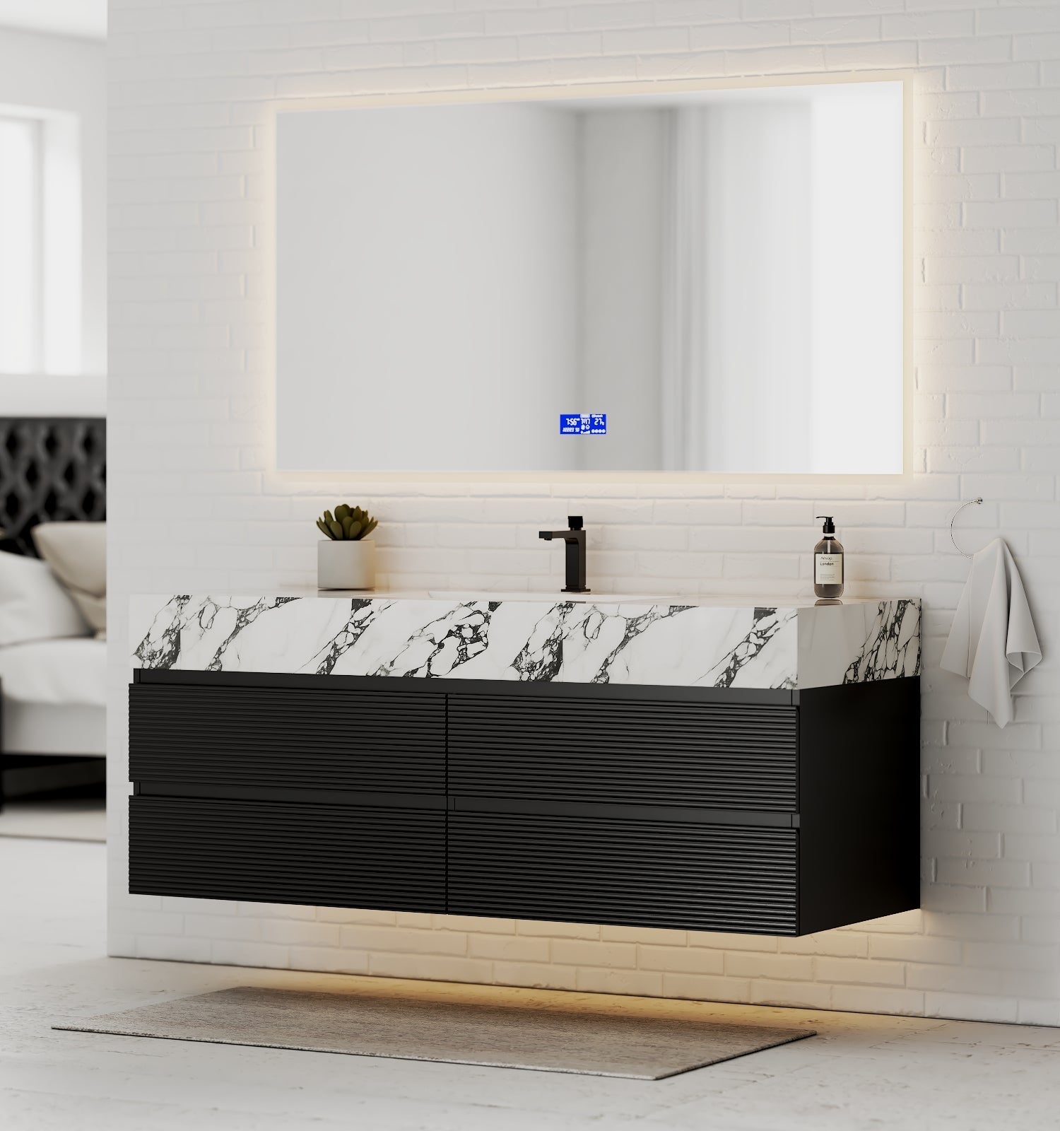 Black 60" Wall-Mounted Single Sink Bathroom Vanity with Fluted Drawers