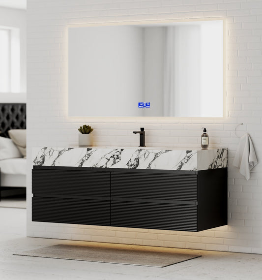 Black 60" Wall-Mounted Single Sink Bathroom Vanity with Fluted Drawers