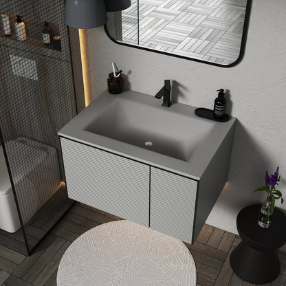 Light Grey Fluted Floating Vanity with Seamless Stone Sink – 32",40"