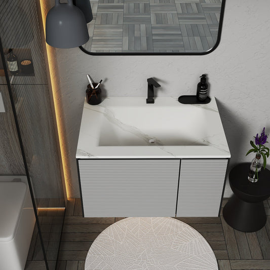 Light Grey Fluted Floating Vanity with Seamless Stone Sink – 32",40"