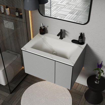Light Grey Fluted Floating Vanity with Seamless Stone Sink – 32",40"