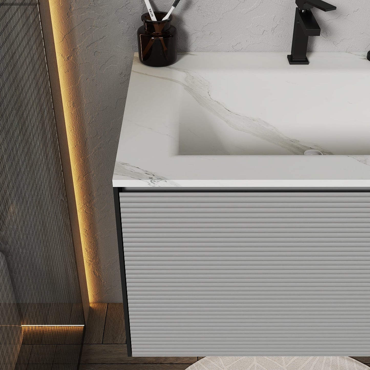 Light Grey Fluted Floating Vanity with Seamless Stone Sink – 32",40"