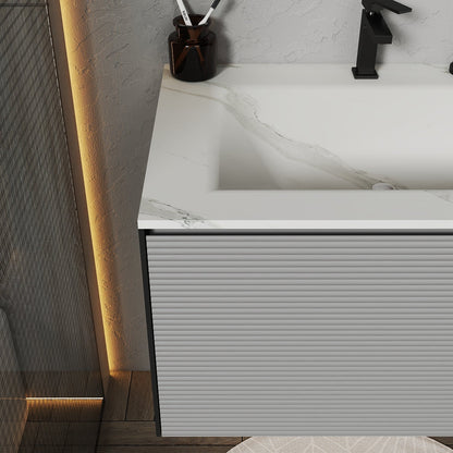 Light Grey Fluted Floating Vanity with Seamless Stone Sink – 32",40"