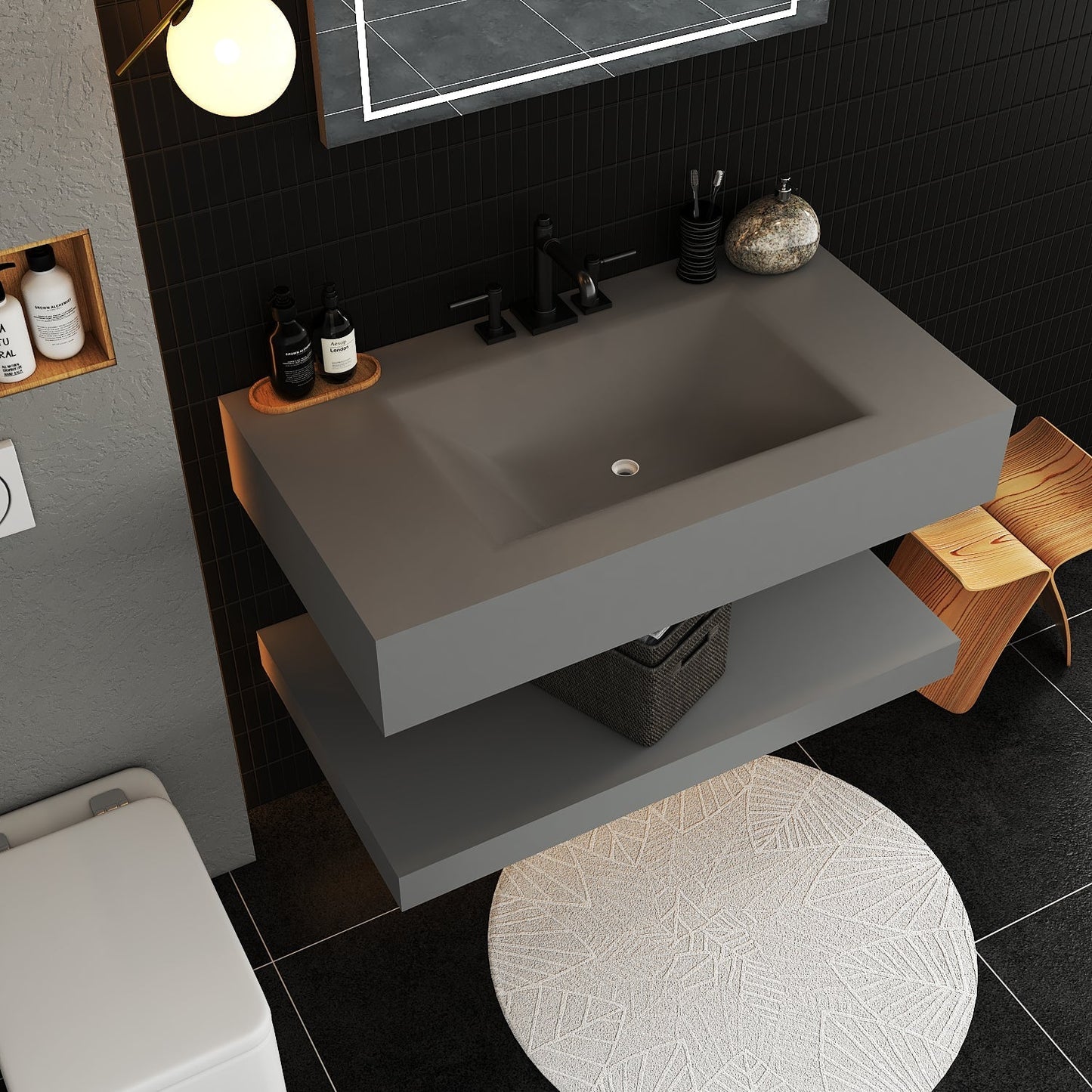 Grey Floating Vanity with Integrated Stone Sink – 32"/36"/40"