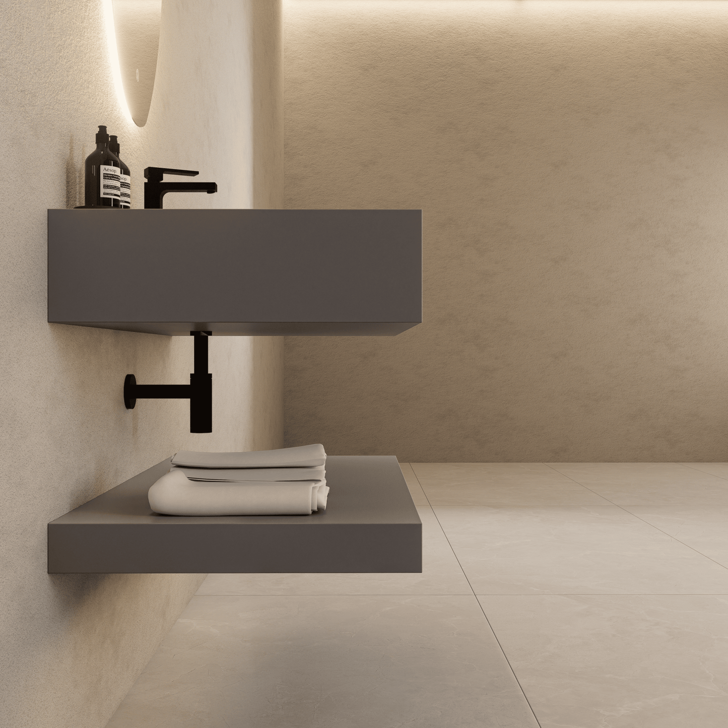 Matte Grey Floating Vanity – Marble-Look Stone, 30"/32"/40"/48"/60”-A3
