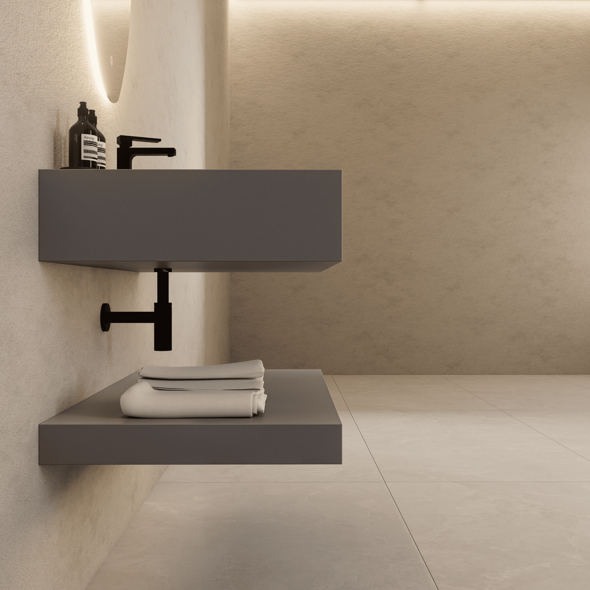 Matte Grey Floating Vanity – Marble-Look Stone, 30"/32"/40"/48"/60”-A3