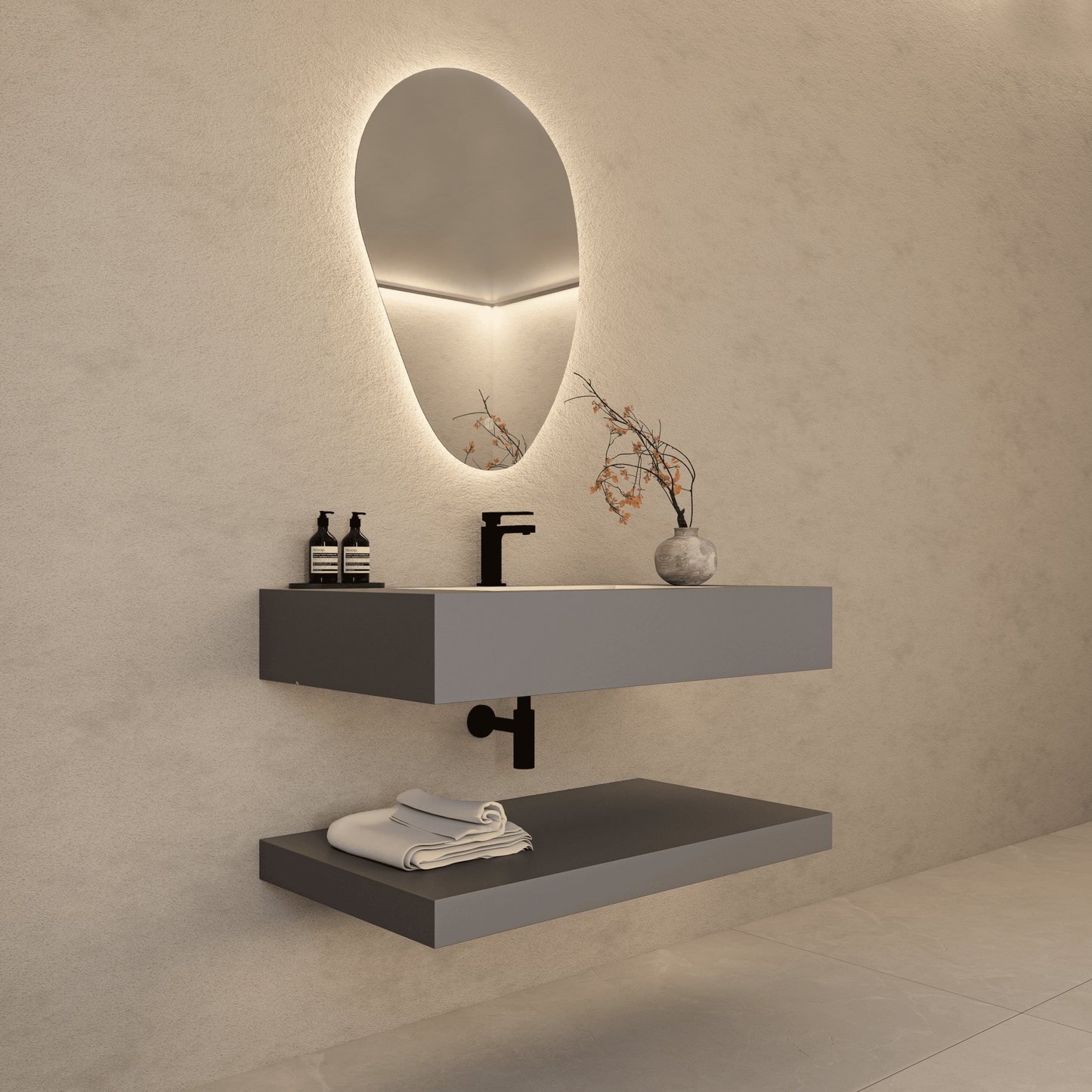 Matte Grey Floating Vanity – Marble-Look Stone, 30"/32"/40"/48"/60”-A3