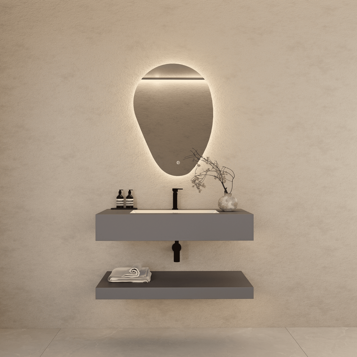 Matte Grey Floating Vanity – Marble-Look Stone, 30"/32"/40"/48"/60”-A3