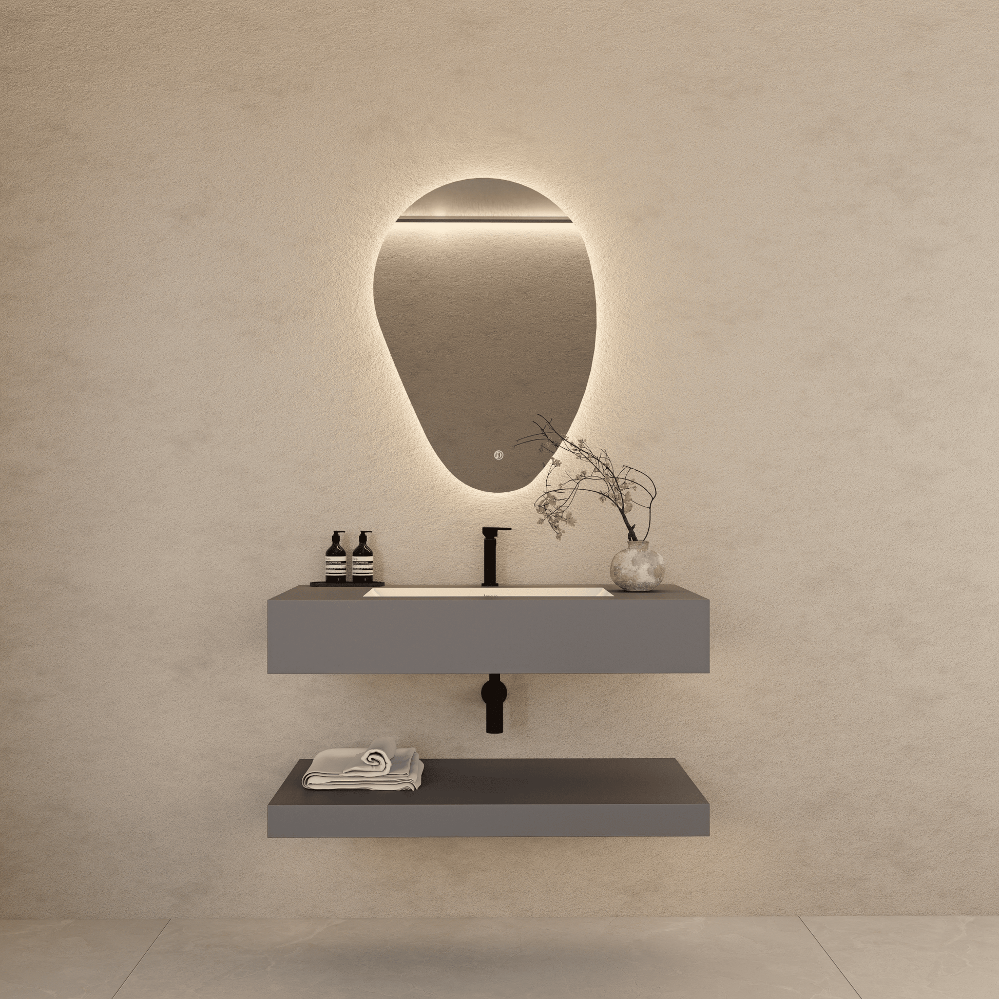 Matte Grey Floating Vanity – Marble-Look Stone, 30"/32"/40"/48"/60”-A3