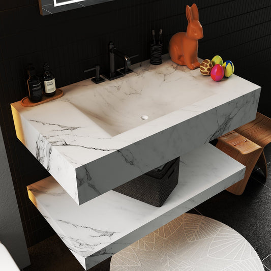 Minimalist Hotel Style Floating Vanity with Integrated Engineered Stone Basin – 32" / 36" / 40"