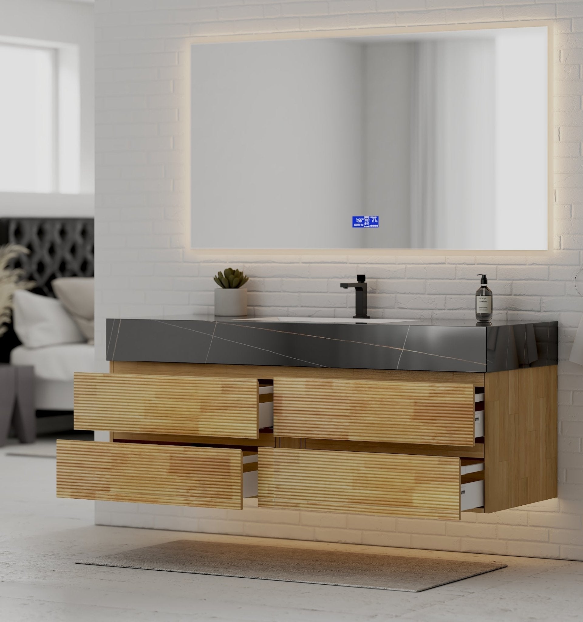 Natural Oak 60” Modern Floating Bathroom Vanity 4 Drawers– Single Basin