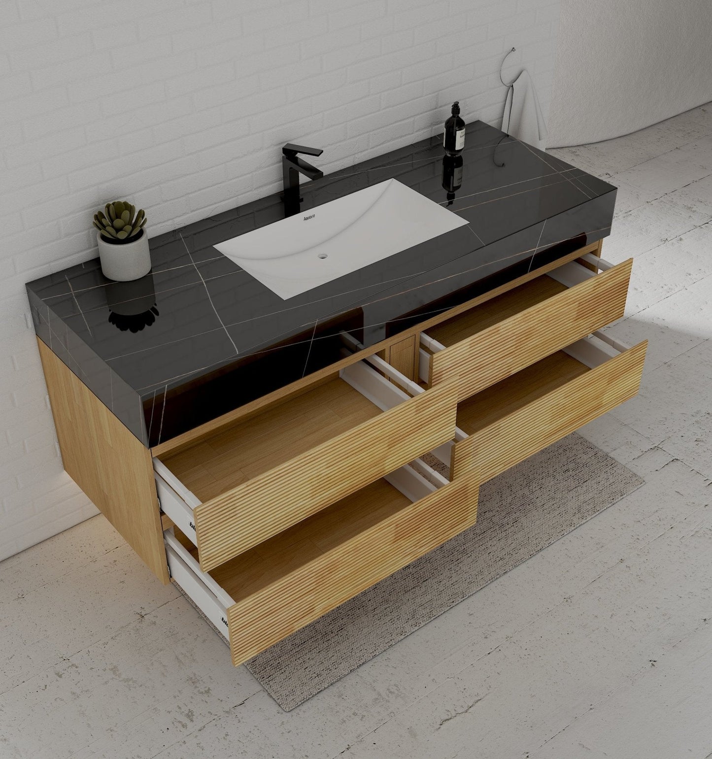 Natural Oak 60” Modern Floating Bathroom Vanity 4 Drawers– Single Basin