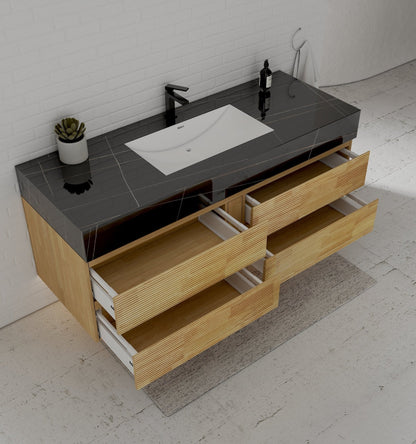 Natural Oak 60” Modern Floating Bathroom Vanity 4 Drawers– Single Basin