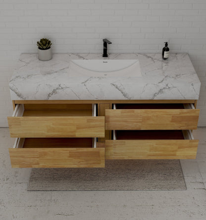 Natural Oak 60” Modern Floating Bathroom Vanity 4 Drawers– Single Basin