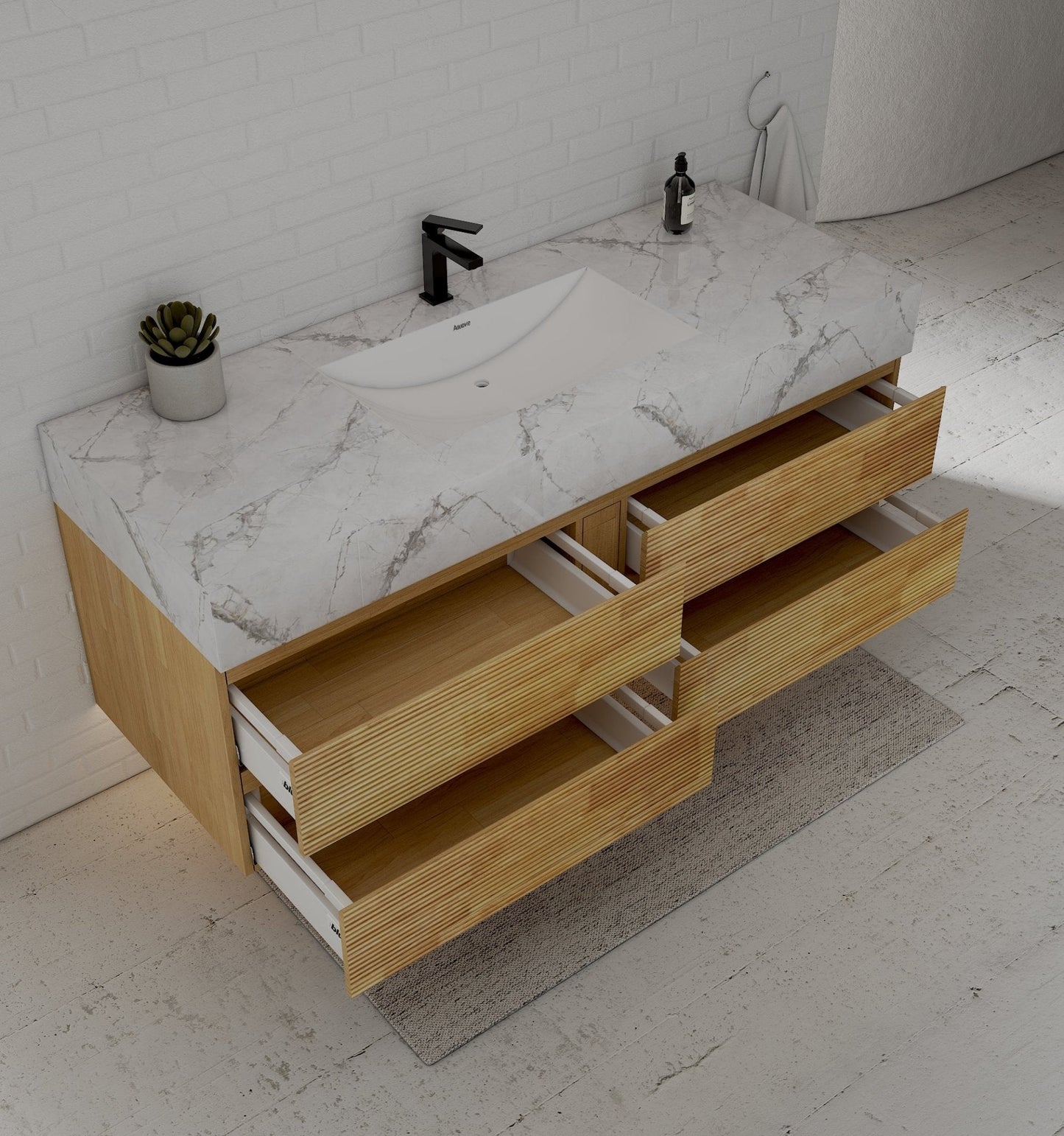 Natural Oak 60” Modern Floating Bathroom Vanity 4 Drawers– Single Basin