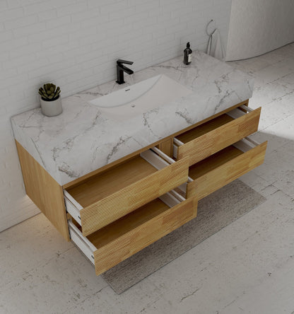 Natural Oak 60” Modern Floating Bathroom Vanity 4 Drawers– Single Basin