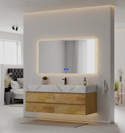 Natural Oak 60” Modern Floating Bathroom Vanity 4 Drawers– Single Basin