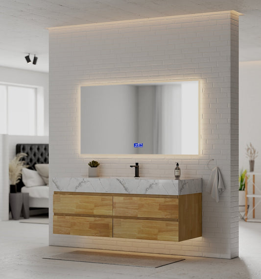 Natural Oak 60” Modern Floating Bathroom Vanity 4 Drawers– Single Basin