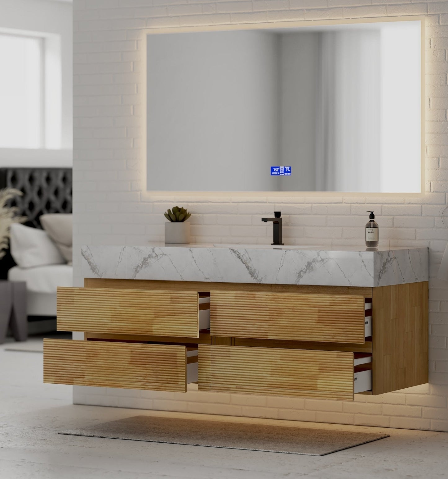 Natural Oak 60” Modern Floating Bathroom Vanity 4 Drawers– Single Basin