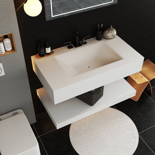 Pure White Minimalist Hotel Style Floating Vanity with Integrated Engineered Stone Basin – 32" / 36" / 40"
