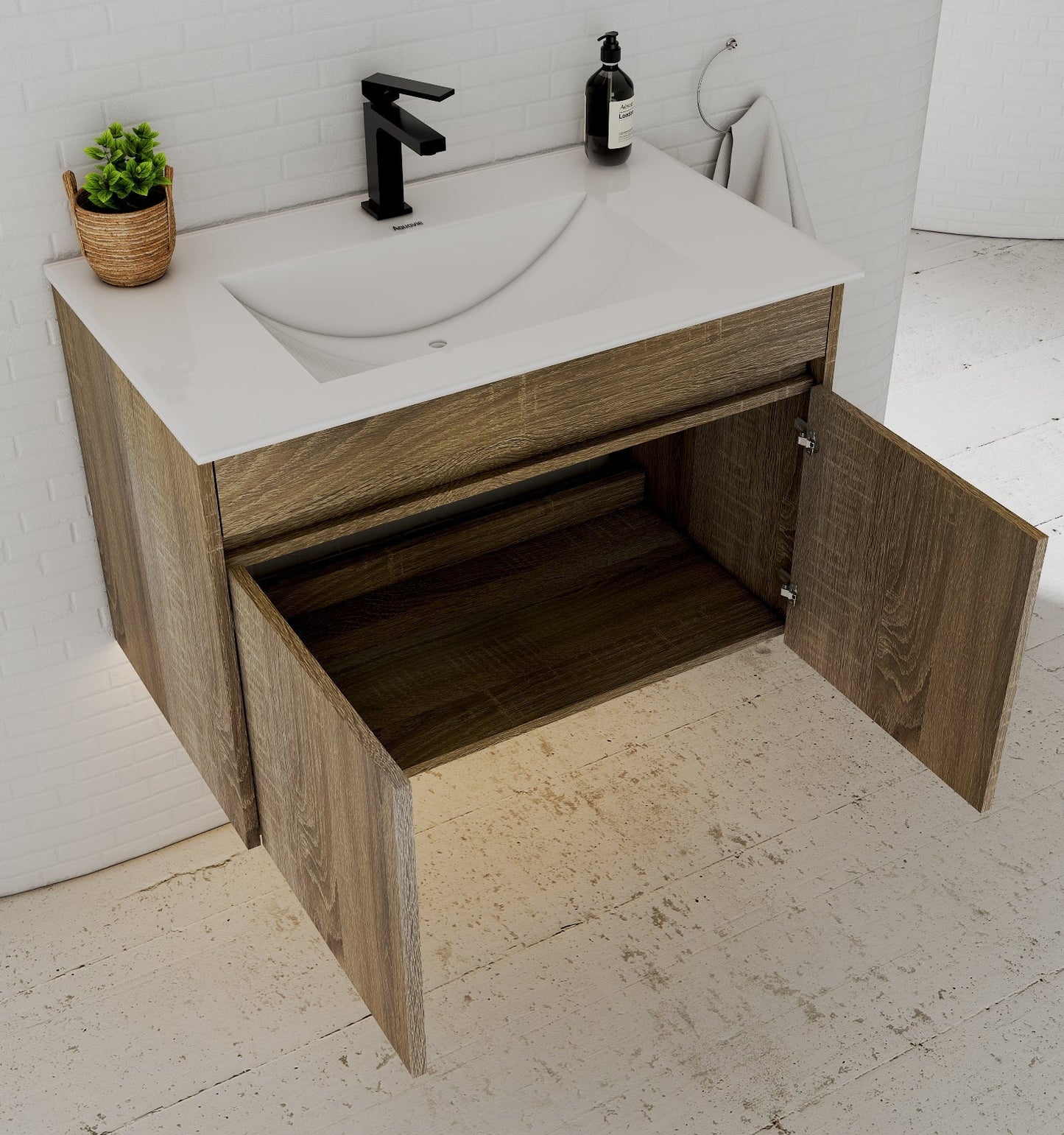 Slim 18" Deep Floating Bathroom Vanity with Integrated Ceramic Sink – 24"/28"/30"/32"