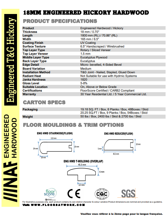 Pure Natural - NAF 6.5''x18mm HICKORY Engineered Hardwood